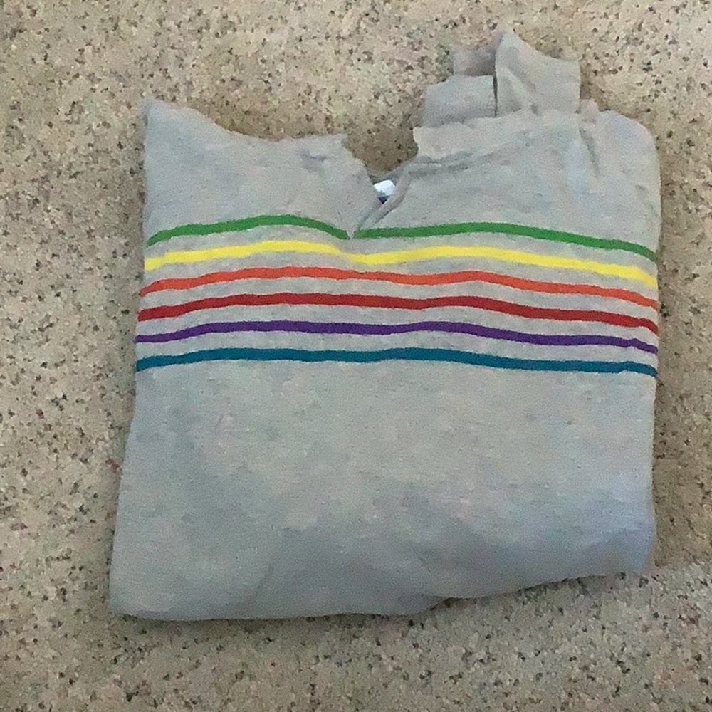 Supermassive long hooded gray tshirt with colorful stripes. SizeLarge, Like new